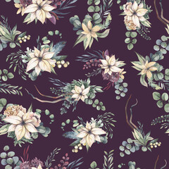 Watercolor floral pattern with different leaves and flowers. Floral seamless pattern on black background. High quality illustration