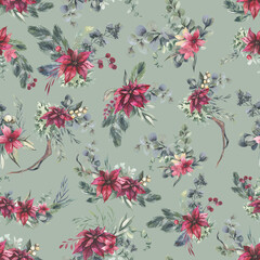 Watercolor floral pattern with different leaves and flowers. Floral seamless pattern on black background. High quality illustration