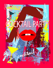 Cocktail party with sexy legs and lips and martini glasses vector background