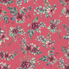 Watercolor floral pattern with different leaves and flowers. Floral seamless pattern on black background. High quality illustration