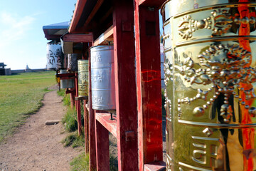 Prayer wheel at Erdene Zuu Monastery World Heritage in Kharkhorin Karakorum, Mongolia