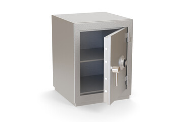 Empty open safe box isolated on a white background. 3d illustration.