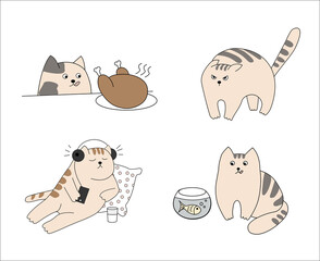 Illustrations of funny tabby cats. Everyone has different emotions and actions. Fluffies are fishing, wanting to eat chicken, listening to music and relaxing.