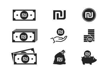 israeli sheqel banknotes, coins, cash and money icons. financial and banking web design symbols