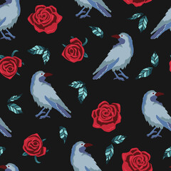 Halloween Raven and Roses Vector Seamless Pattern
