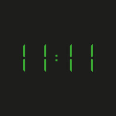 black background of electronic clock with four green numbers and time 11:11 – repeating one, eleven