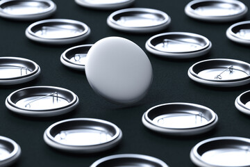 Black Blank Pin Buttons With Empty Space On Black Background, One Brooch Turned By Front Side And Other Brooches Turned By Pin. 3d rendering