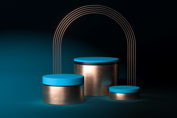 Three Round Abstract Showcases With Metallic Stand As Frame On Dark Blue Background. Copy Space. Empty Space. 3d Rendering