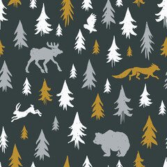 Hand-drawn forest silhouettes seamless pattern with animals:elk, fox, hare, bear, owl