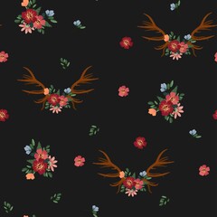 Fototapeta na wymiar Seamless pattern with floral antlers in the bohemian style. Hand drawn deer horns decorated with flowers. Boho chic design elements onblack background.