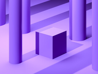 Fototapeta premium Creative Violet Foursquare Showcase with Empty Space. Pedestal Near Geometric Figures on Violet Background. 3d rendering. Minimalism Concept