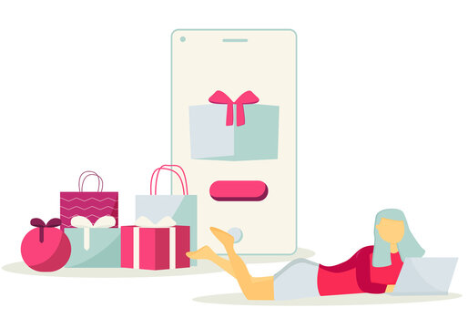 Vector image. Woman ordering christmas, birthday gifts online. Web background, website layout. Flat design. 