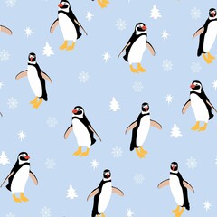 Seamless pattern with cute pinguins with snow, fir-tree and stars on blue background.