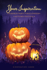 Poster with lantern and glowing pumpkins with scary faces. Autumn unusual illustration for party, halloween or festival
