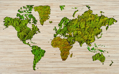World map made of moss textures. Satin on a wooden board background. Borders of continents and countries from natural moss.