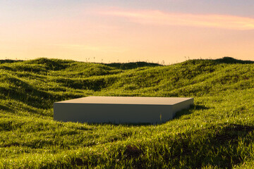 Blank Foursquare White Showcase on Green Grass at Heaven Meadow. Copy Space. Empty Space. 3d rendering