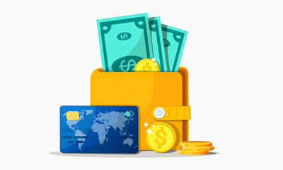 Concepts of finance. Wallet with money, dollars and coins, cash, curren, credit card. Wealth concept. Vector illustration