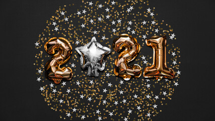 Happy New year 2021 celebration. Bright gold balloons figures, New Year Balloons with glitter stars on dark background. Christmas and new year celebration. Gold foil balloons 2021 gift card