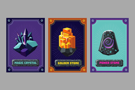 Card deck. Collection game art. Fantasy ui kit with magic items. User interface design elements with decorative frame. Equipment assets. Cartoon vector illustration.
