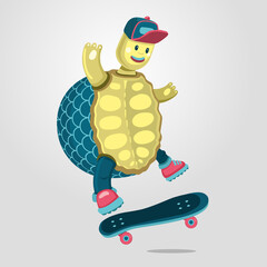 Turtle on a skateboard. Funny cartoon style illustration. Vector print design. Animal sport mascot.