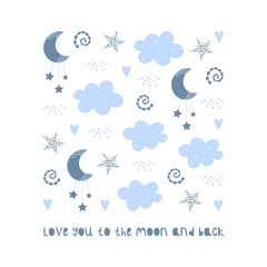 Rainbow, moon, clouds and stars. Great for kids apparel, nursery decoration.