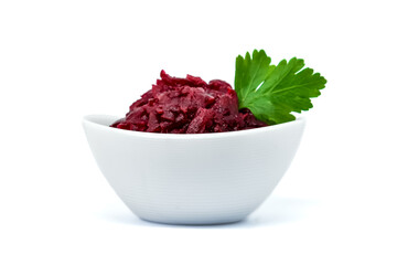 Grated beets. Fresh beet salad in a white bowl isolated on a white background. The concept of...