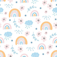 Seamless pattern with cloud and rainbow in the sky.  Creative kids hand drawn texture for fabric, wrapping, textile, wallpaper, apparel. Vector illustration