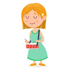 Fototapeta na wymiar little girl playing drum, kid drummer performance, cartoon vector illustration