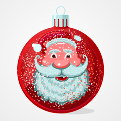 Christmas gift. Santa Claus face is reflected in the Christmas ball. New year cartoon illustration. Vector design.