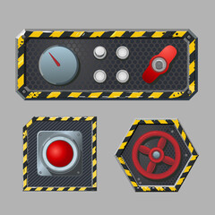 Set of metal switches and buttons. Realistic metallic interface element. Control panel concept design. Industrial style icons collection.