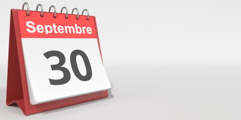 September 30 date written in French on the flip calendar page, 3d rendering