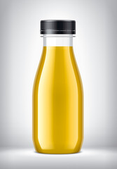 Plastic Bottle on background with Orange Juice. 