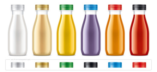 Set of Plastic Bottles with non-transparent drinks. 
