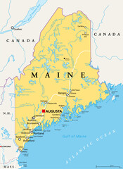 Maine, ME, political map with capital Augusta. Northernmost state in the United States of America, and located in the New England region. The Pine Tree State. Vacationland. Illustration. Vector.
