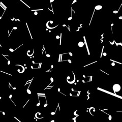 White notes and musical notes on a black background.