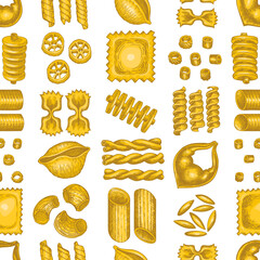 Italian pasta seamless pattern. Hand drawn vector food illustration. Vintage pasta different kinds background.