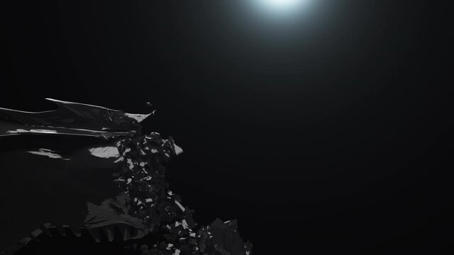 Close up Head Black Dragon Destruction falling rock debris on black blackground. 3D animation 4K.