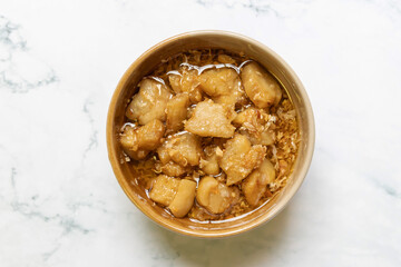 Garlic cracklings with lard; good and delicious oil for health.