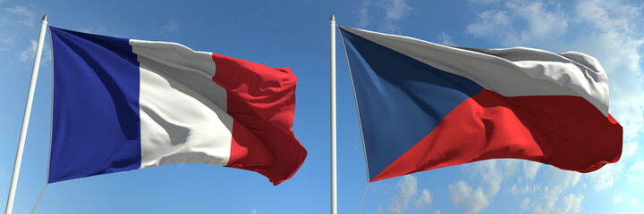 Waving flags of France and the Czech Republic on flagpoles, 3d rendering
