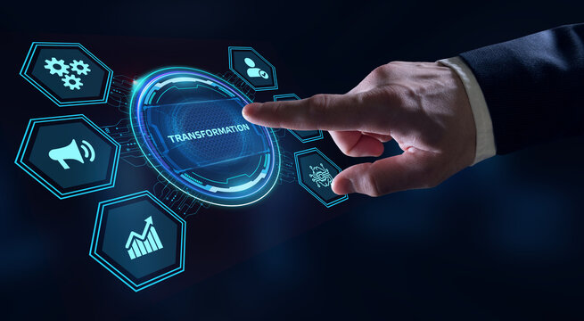 Business, Technology, Internet and network concept. Businessman presses button transformation on virtual screens.