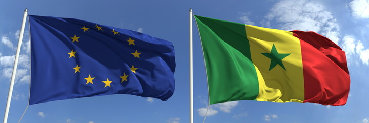 Flags of the European Union and Senegal on flagpoles. 3d rendering