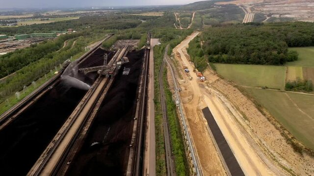 Aerial view of Brown coal excavator in the Hambach opencast mine Germany