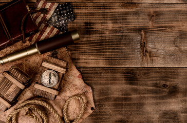 Columbus Day background. Map and discovery of old equipment. Exploration and history of America in...