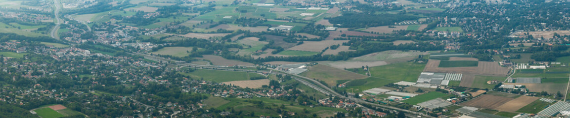 Fototapeta na wymiar Wide view from Saleve summit on A41 speed way. September, 2020, France.