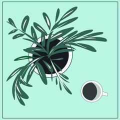 Flower in a pot, a mug of coffee. A set of items on the table. Desktop. Laptop, phone, notebooks, notebooks, stickers, pencils, pens, calculator, phone, tablet. Vector isolated images.