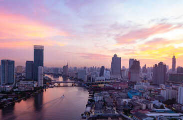 Bangkok city and Chao Phraya River sunrise background. Bangkok, Thailand, Asia