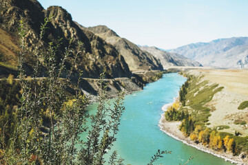 Fototapeta na wymiar View of the turquoise river Katun and the Altai mountains, autumn season