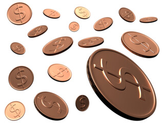Falling gold coins, golden rain, falling money isolated on white background. Jackpot or success concept. 3D rendering