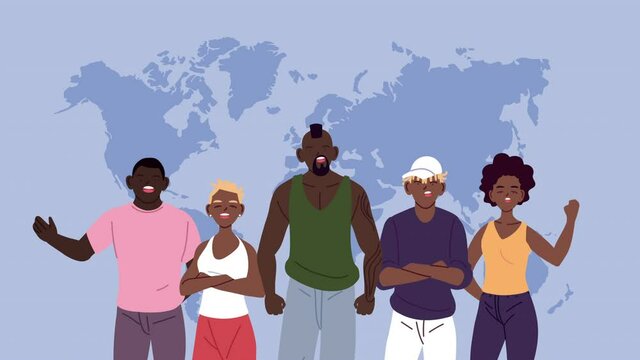 black lives matter animation with group of afro people in earth maps