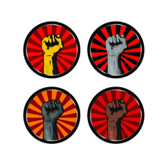Obraz premium Four icons with a clenched fist. The hand symbol for black lives matter, protest in the US. Fight for human rights. Vector.